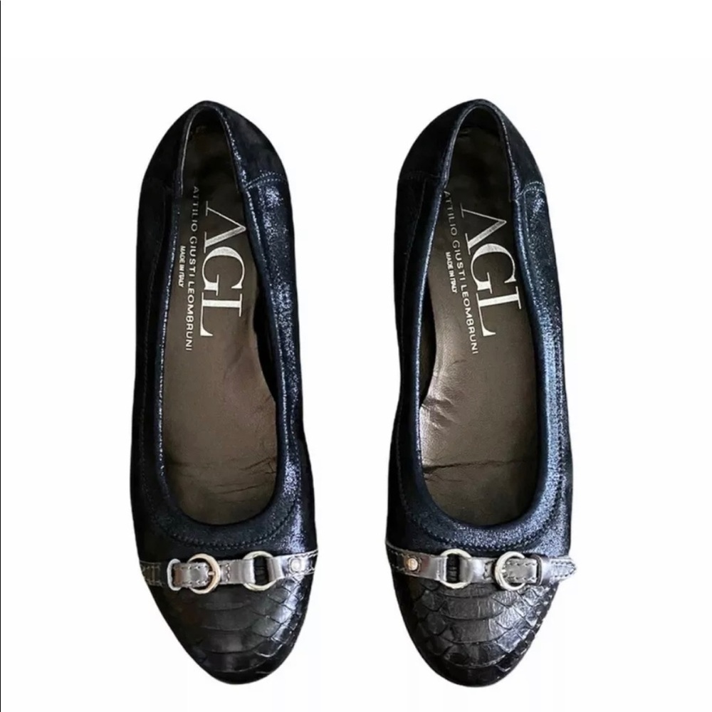 AGL Attilio Giusti Leombruni Metallic Navy Blue Ballet Flats Snakeskin Caps 39.5